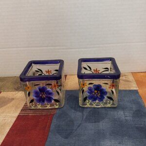 Set of 2 Glass Candle Holders Hand Painted Pansies